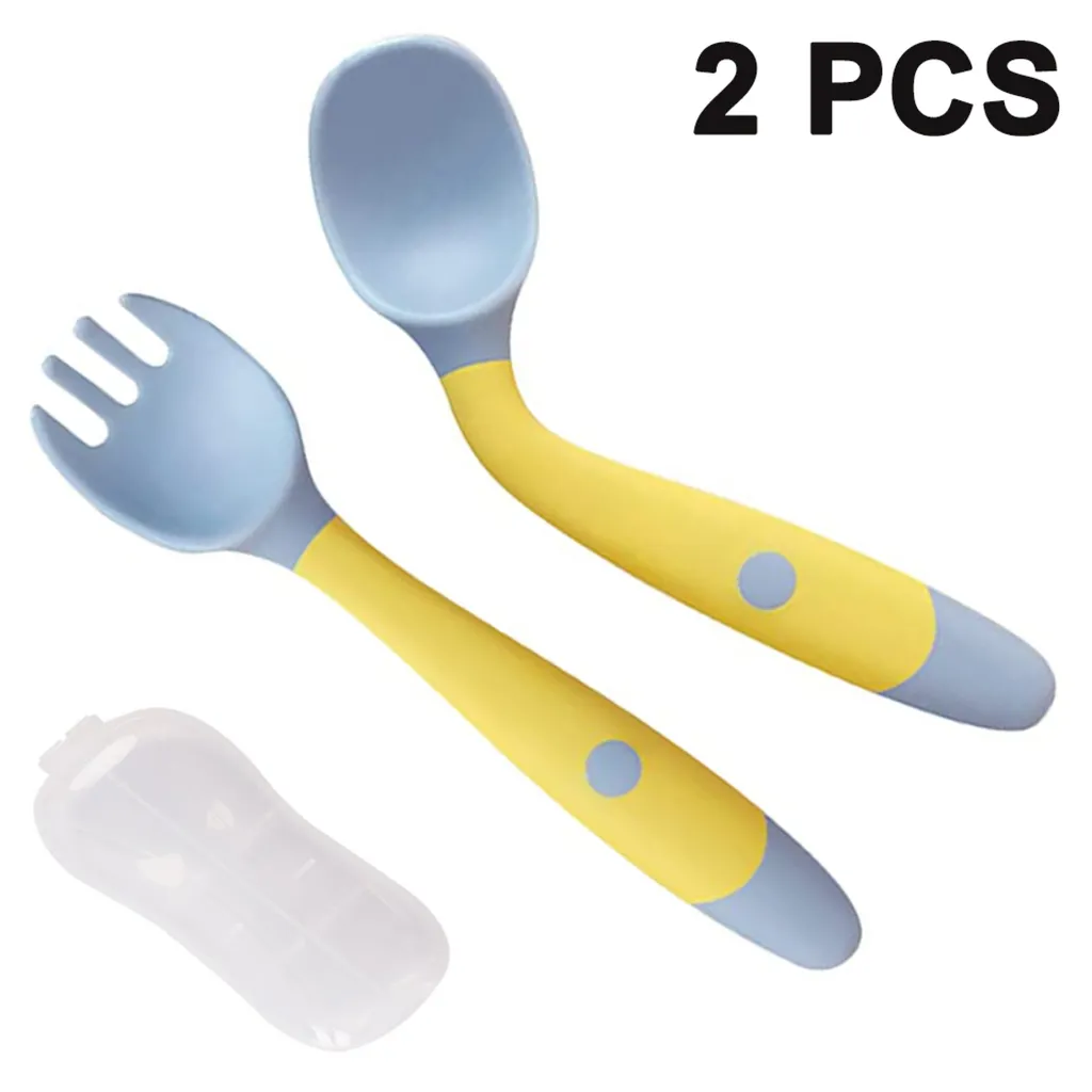 Baby Utensilien Löffel Gabel Set mit Reise Safe Fall Kleinkind Babys Kinder Fütterung Training Löffel Easy Grip Gelb